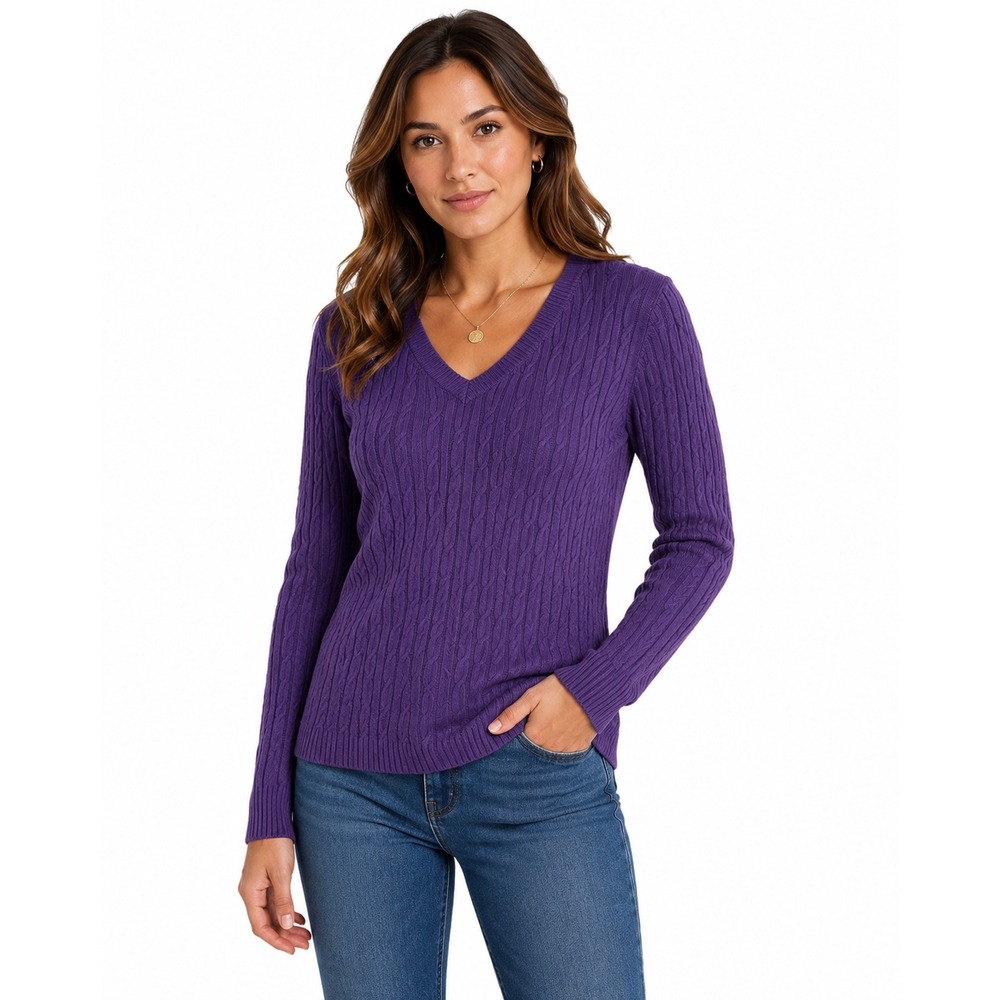 Sonoma Cable Knit Sweater Women XS Purple V-Neck Pullover 100% Cotton Preppy